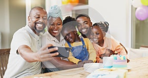 Selfie, birthday and black family of children and parent together for bonding, love and care. African woman, man and