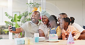 Selfie, birthday and black family of children and parent together for bonding, love and care. African woman, man and