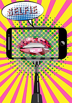 Selfie concept pop art style, mobile phone with empty screen on monopod, Sweet Pair of Glossy Vector Lips, Warhol style poster,