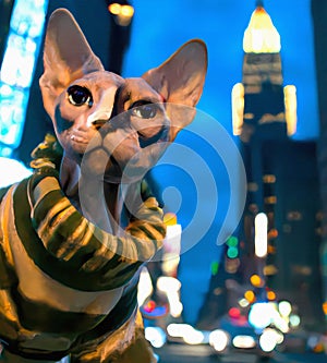 Selfie from a cute spynxcat wearing a turtleneck sweater in a city at night