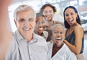 Selfie, diversity and happy business people looking happy together in a startup office. Corporate workplace and