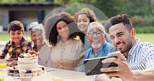 Selfie, family and birthday in backyard with happy, social media and grandparents outdoor. Home, smile and table with