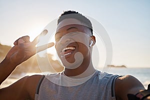 Selfie, fitness and peace with a black man on the beach for a cardio or endurance workout during summer. Portrait, hand