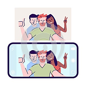 Selfie flat vector illustration. Self-portrait photograph. Men, woman make selfportrait with phone. Happy friends take