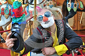 Selfie of a funny street artist in Florence , Italy