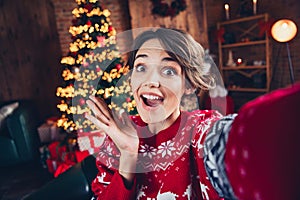 Selfie of funny young woman hand cheek waiting her family hooray gift boxes decorations happy new year shot isolated on