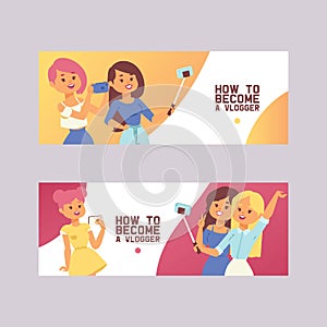 Selfie girl vector beautiful woman character photographing herself on smartphone camera illustration set of backdrop