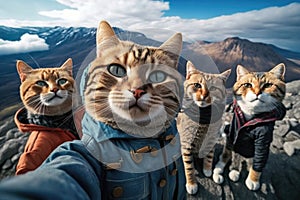 Selfie of a group of cats on a background of the mountains