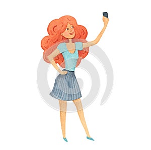 Selfie. hand drawn watercolor illustration cute redhead girl taking selfie