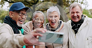 Selfie, happy and group of senior friends in a park or nature for outdoor holiday or vacation smile for a picture