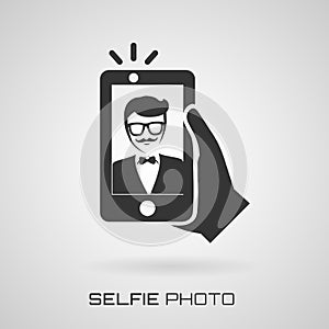 Selfie icon with trendy man. Vector symbol.