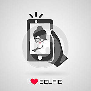 Selfie icon with trendy woman. Vector symbol.