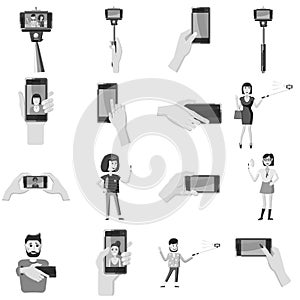 Selfie icons set, gray monochrome style