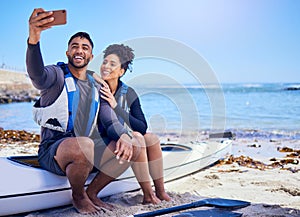 Selfie, kayak and a couple on the beach in summer together for freedom, vacation or holiday travel. Relax, love or smile