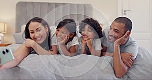 Selfie, love and happy family in a bed relax, bond and smile for memory in their home together. Smartphone, profile