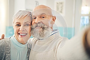 Selfie, love and a senior couple in their home together, posing for a social media profile picture together. Photograph