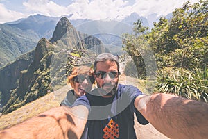 Selfie in Machu Picchu, Peru, toned image