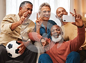 Selfie, men and senior friends with peace sign in house, having fun and bonding together. V emoji, retirement and happy