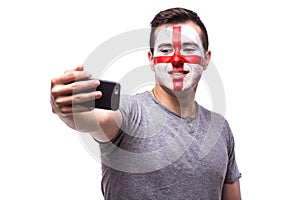 Selfie on phone of Englishman football fans in game supporting of England national teams