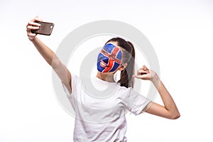 Selfie on phone of Icelander football fan in game supporting of Iceland national teams