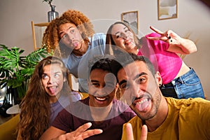 Selfie photo of funny diverse, happy friends with silly faces at home.