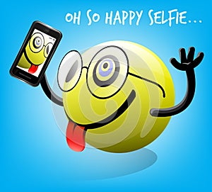 Selfie photo of happy emoticon character with mobile smart phone