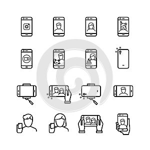 Selfie photo, people take photo with smartphone and monopod line vector icons