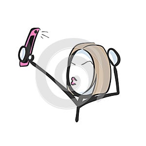 Selfie photo for social media. Vector simple. Phone snap. Stickman no face clipart cartoon. Hand drawn. Doodle sketch, graphic