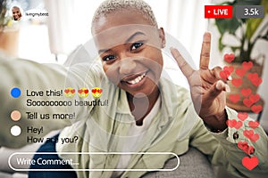 Selfie portrait, peace sign and live streaming black woman, social media influencer and vlogger record broadcast. V