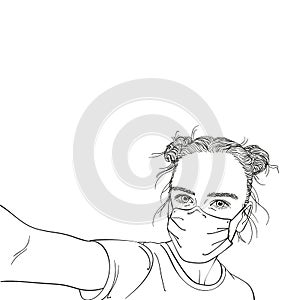 Selfie portrait of teenage girl in medical face mask, drawing