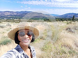 Selfie portrait of a woman travel in Oliver, British Columbia Canada