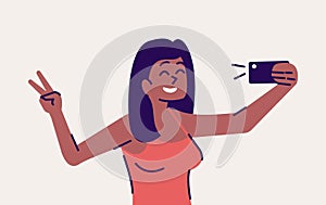 Selfie pose flat vector illustration. Happy woman taking self photo. Smiling girl showing v-sign for portrait in
