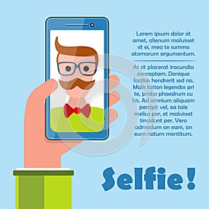 Selfie poster with hipster holding smartphone vector.