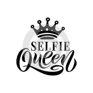 SELFIE QUEEN word with crown. Hand lettering text vector illustration