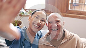 Selfie, smile and an old man with his woman nurse in a retirement home together for senior care. Portrait, healthcare or