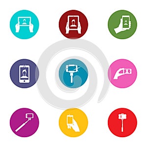 Selfie stick icons set, flat style