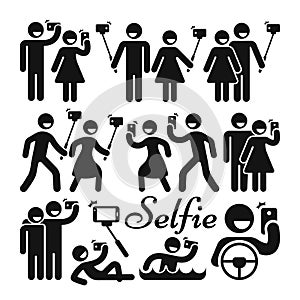 Selfie stick woman and man vector icons set