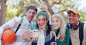 Selfie, summer and college friends outdoor on campus together for education, learning or study. Emoji, diversity and