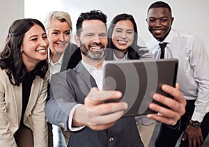 Selfie, tablet and friends with business people in office for social media, networking and teamwork. Collaboration
