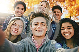 Selfie, teenager and group of friends in park, nature or fall trees and teens smile, picture of friendship and happiness