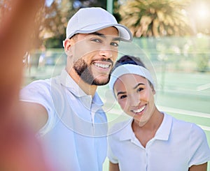 Selfie, tennis and sports with a couple on a court to take a photograph after their training or game. Portrait, fitness