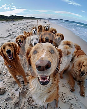 selfie time capsule, ultra realistic, different breeds of animals smiling at the camera,sandy beach,