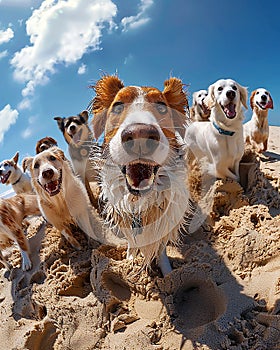 selfie time capsule, ultra realistic, different breeds of animals smiling at the camera,sandy beach,