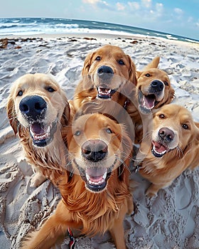 selfie time capsule, ultra realistic, different breeds of animals smiling at the camera,sandy beach,