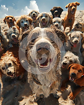 selfie time capsule, ultra realistic, different breeds of animals smiling at the camera,sandy beach,