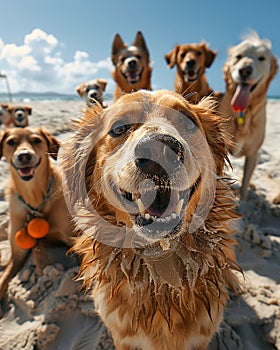 selfie time capsule, ultra realistic, different breeds of animals smiling at the camera,sandy beach,