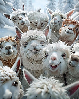 selfie time :ultra realistic, different big group of alpaca together smiling at the camera