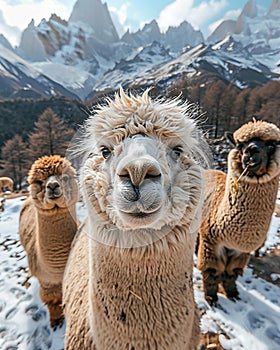 selfie time :ultra realistic, different big group of alpaca together smiling at the camera