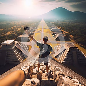 A selfie at the top of an ancient pyramid, capturing the expans photo