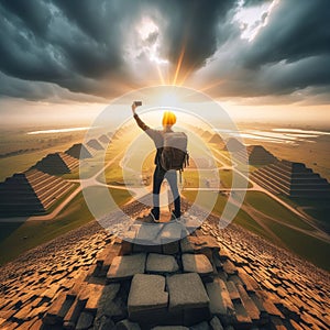 A selfie at the top of an ancient pyramid, capturing the expans photo